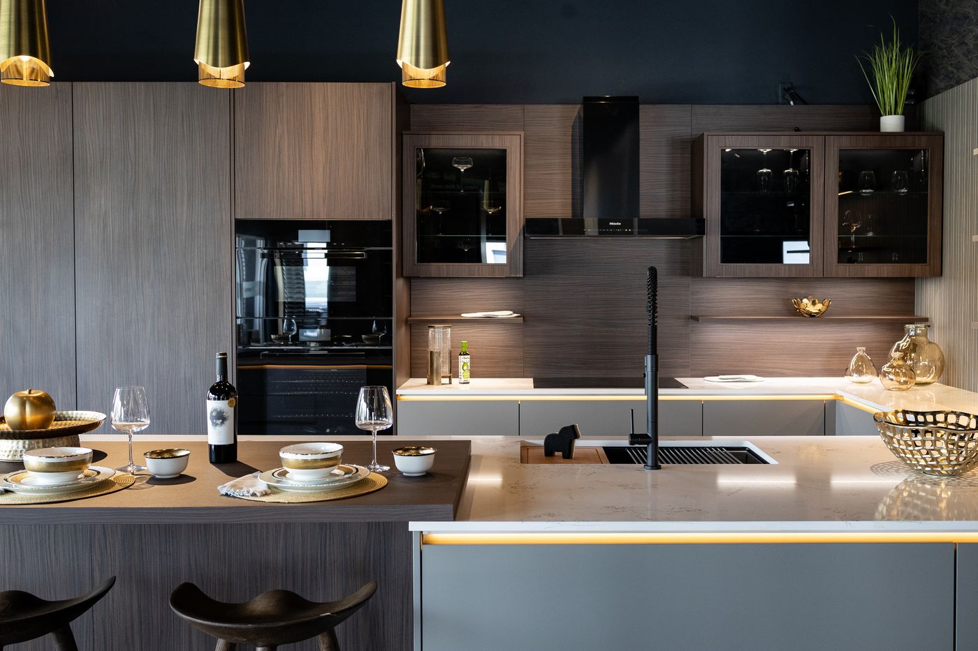 Designer kitchen island with pendant lighting