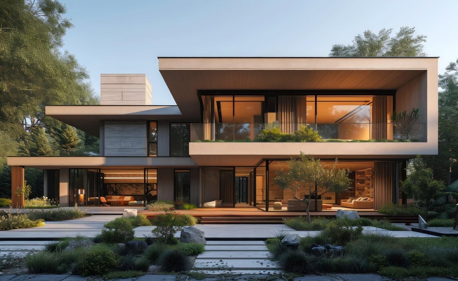 Modern home exterior at sunset