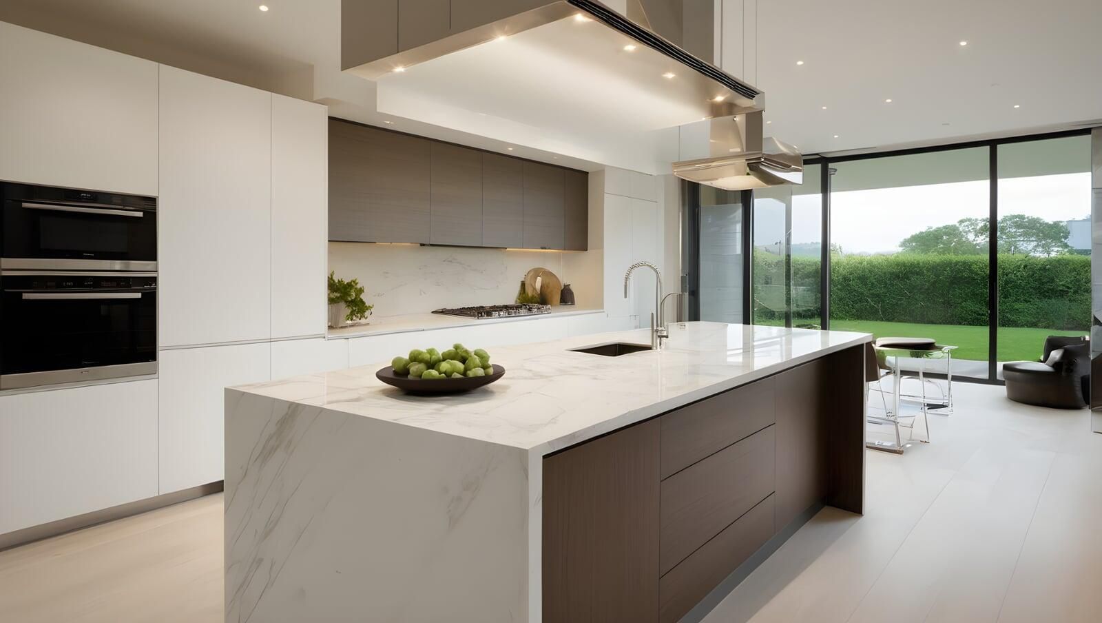 Sleek white kitchen with large island