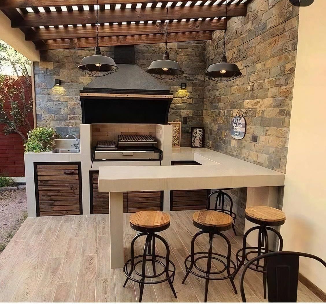 Rustic outdoor barbecue under pergola